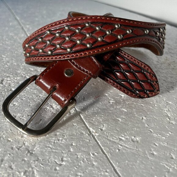 Circle Y Vintage SZ 34 Brown Leather tooled studded belt Western Handmade Old $ - Picture 2 of 7